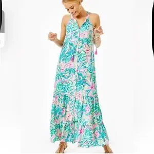 chinese dress ladies GULIANNA STRETCH COTTON MAXI SHIFT DRESS, HYDRA BLUE DANDY LIONS  Palm  Place